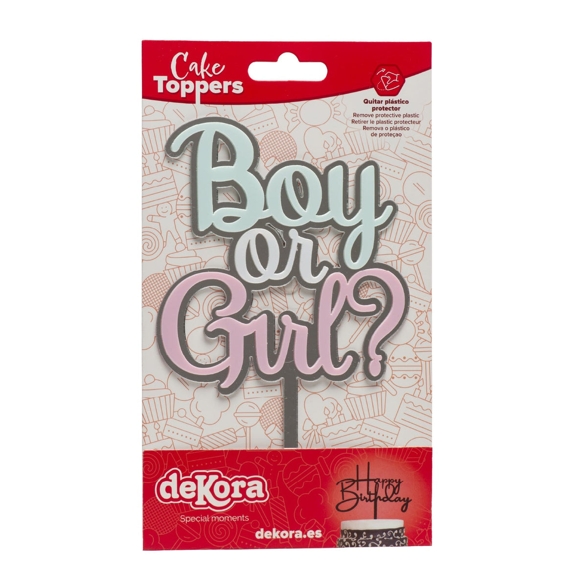 Cake Topper Garçon ou Fille Argent, Rose et Bleu 10,5 x 16,5 cm – Dekora