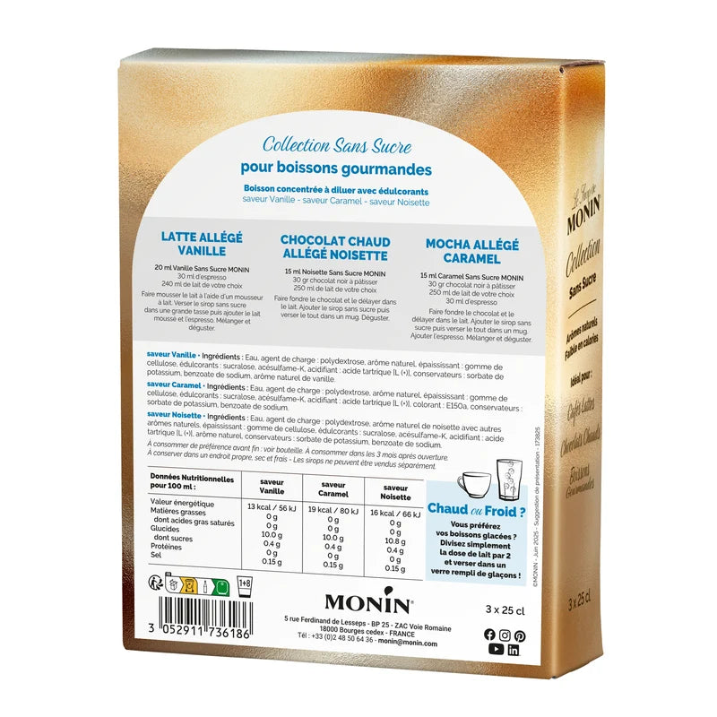Coffret sirops sans sucre Caramel Vanille Noisette 3 x 25 cl Monin