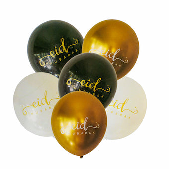 Ballons Eid Mubarak blancs, noirs et or x6