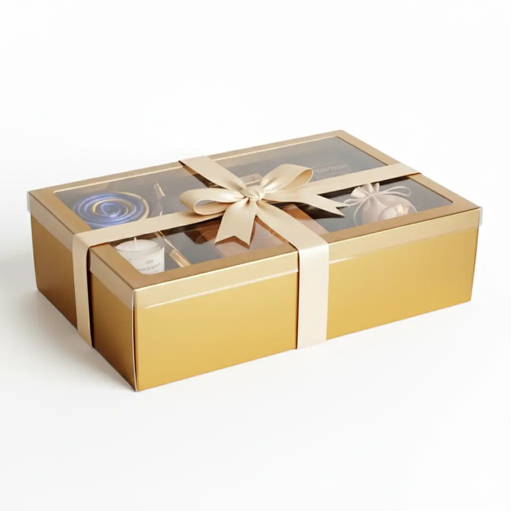 Boîte à offrir 40 x 30 cm carton doré et couvercle transparent