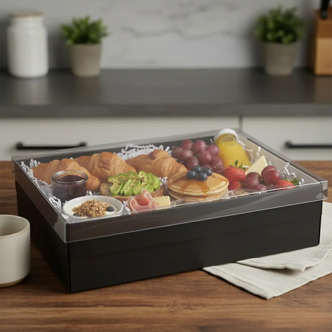 Boîte à offrir 40 x 30 cm carton noir et couvercle transparent