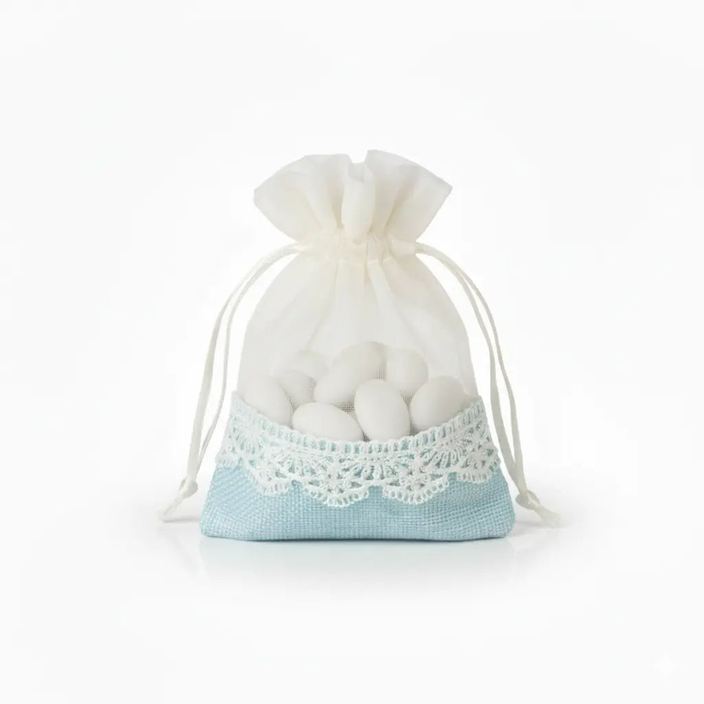 Bonbonnières pochon jute et tulle bleu x10