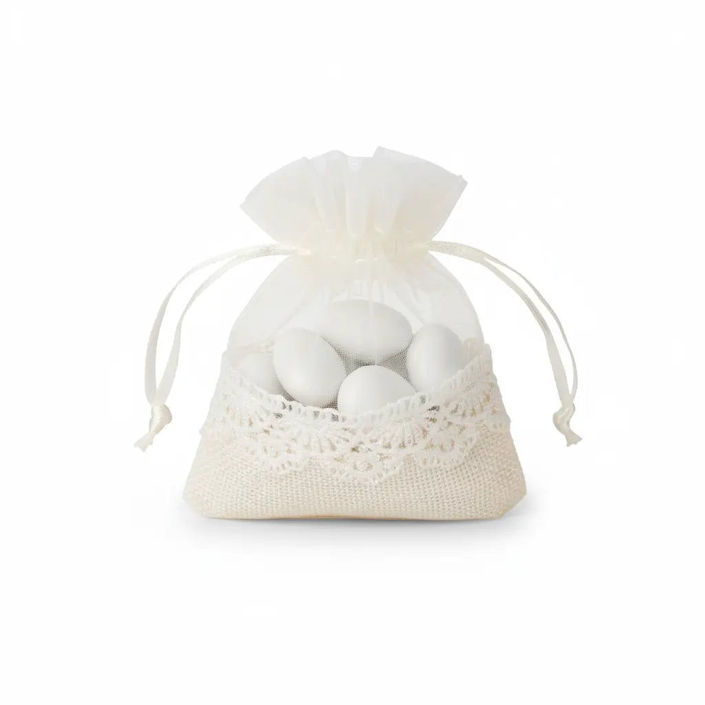 Bonbonnières pochon jute et tulle beige x10