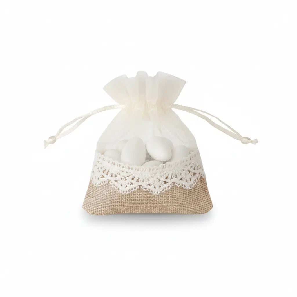 Bonbonnières pochon jute et tulle naturel x10