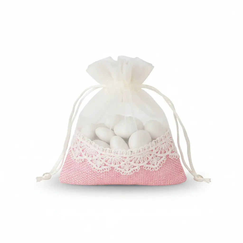 Bonbonnières pochon jute et tulle rose x10