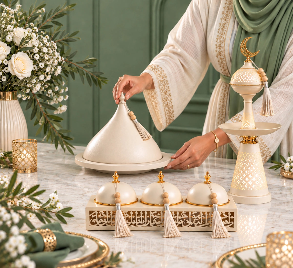 Femme présentant un service de table oriental beige et doré avec cloche, coupelles et décoration Ramadan – Perle Dorée