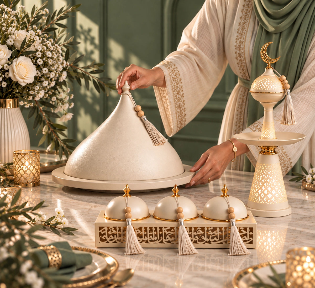 Femme présentant un service de table oriental beige et doré avec cloche, coupelles et décoration Ramadan – Perle Dorée