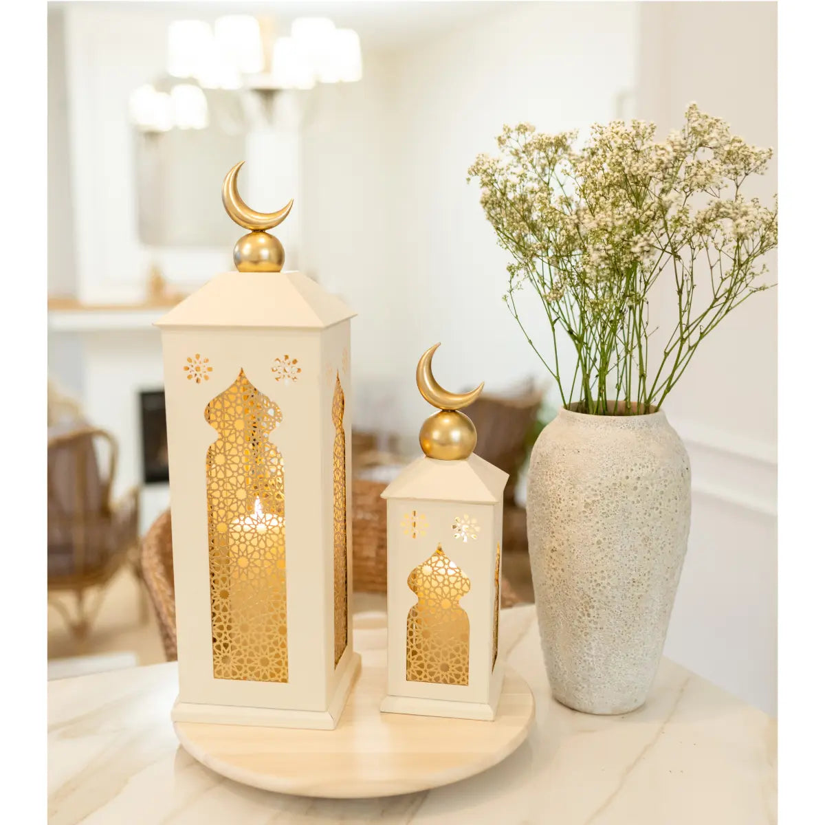 Lanternes Anaqa blanc crème et or x2