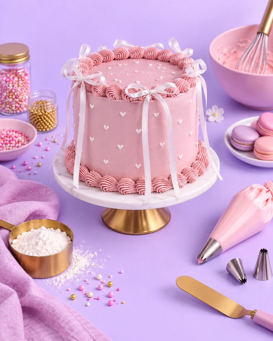 Layer cake rose décoré avec rubans et cœurs, entouré de matériel de pâtisserie et cake design – Perle Dorée