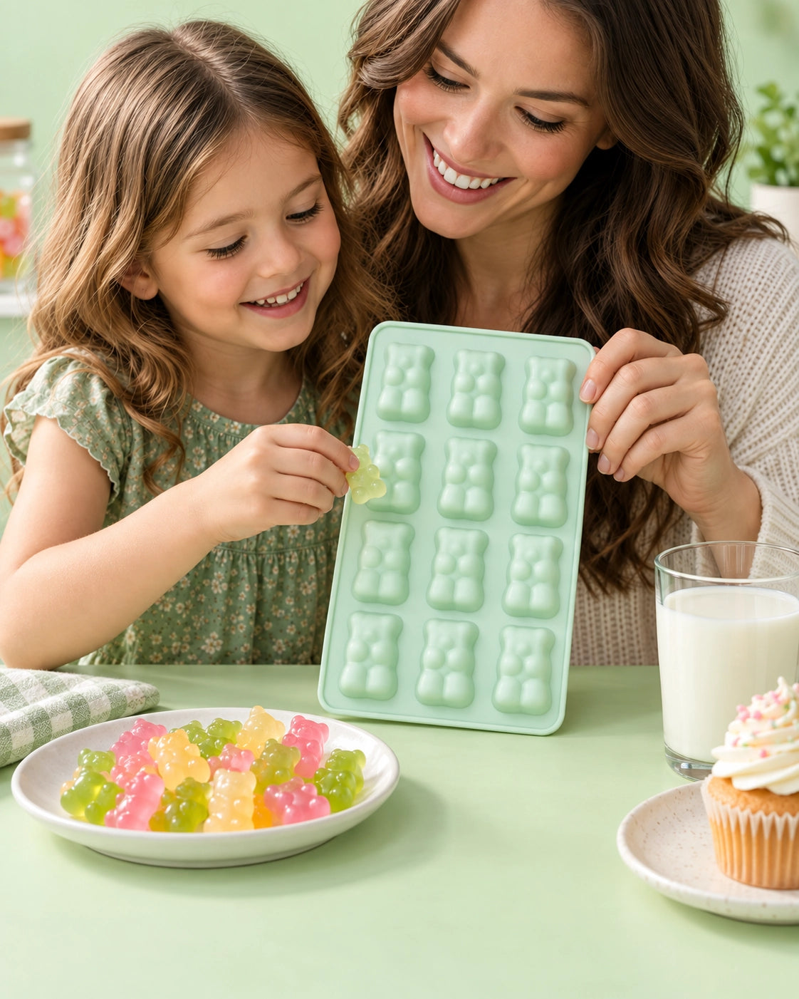 Mère et fille utilisant un moule en silicone oursons Perle Dorée pour réaliser des bonbons maison et créations pâtissières