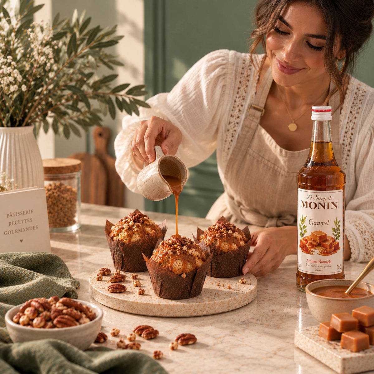 Sirop Monin Caramel versé sur des muffins aux noix dans une ambiance automnale – Perle Dorée
