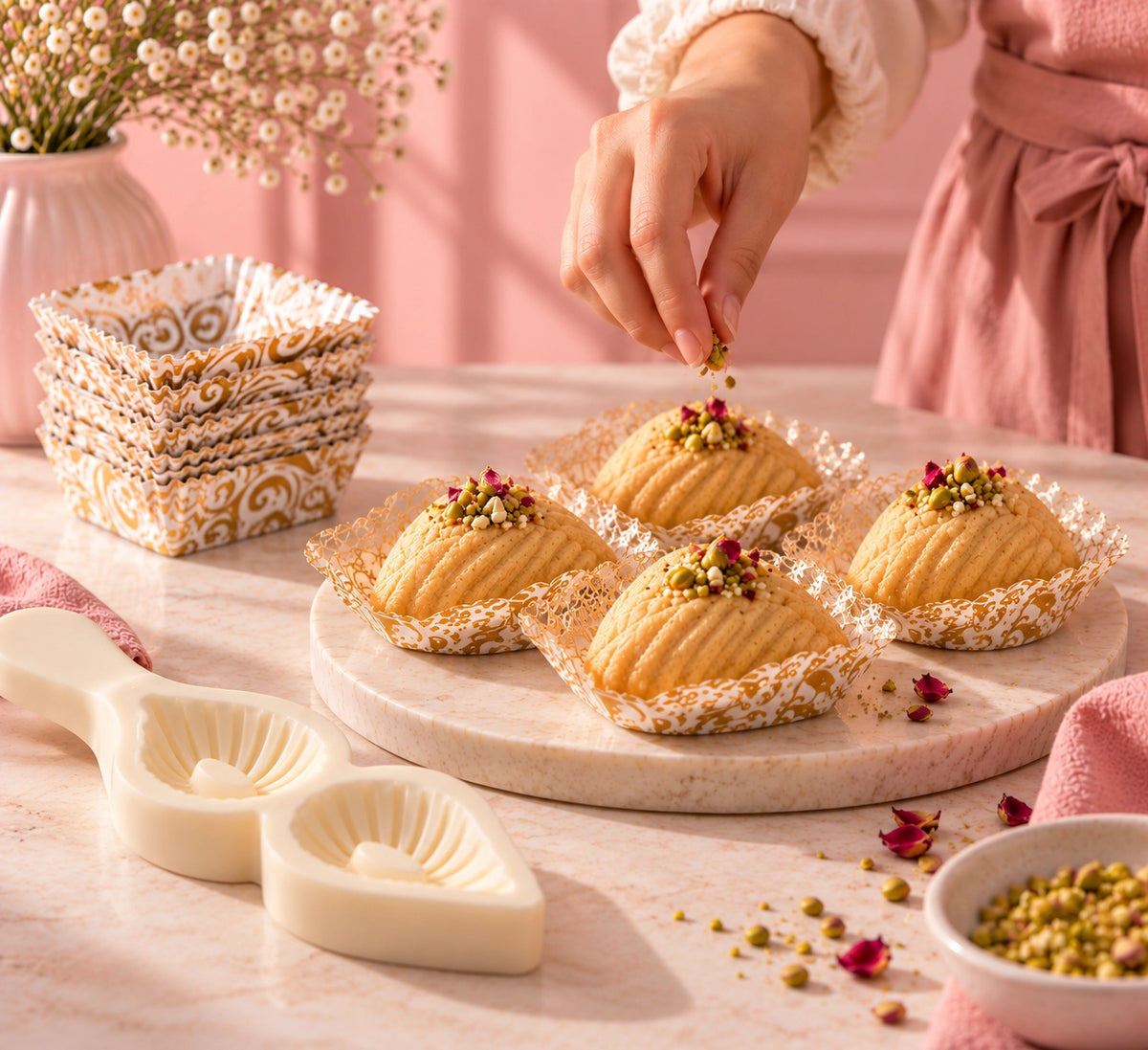 Pâtisseries orientales aux pistaches avec moule à gâteaux, caissettes et accessoires de pâtisserie – Perle Dorée