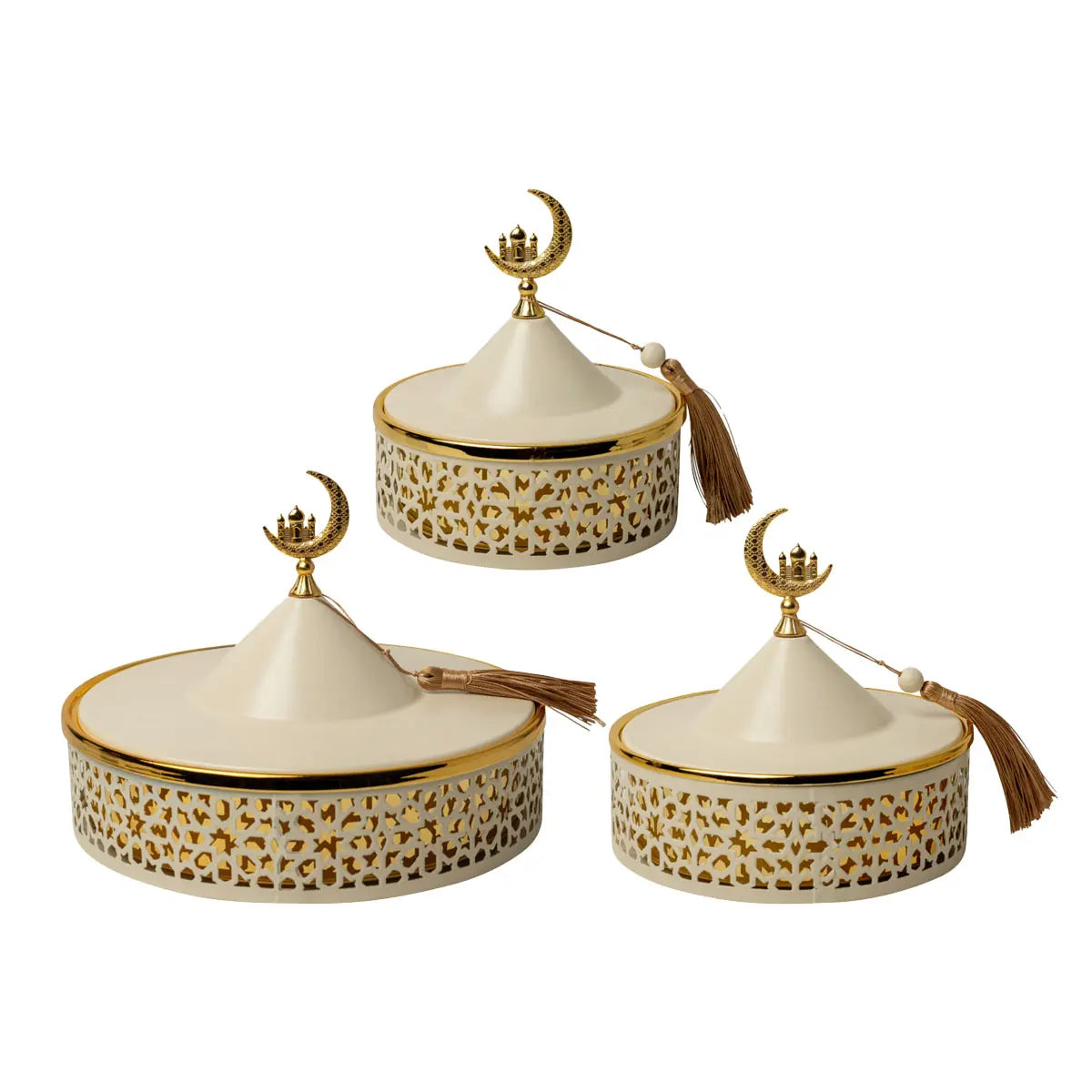 Plats de service avec couvercle blanc crème et or x3