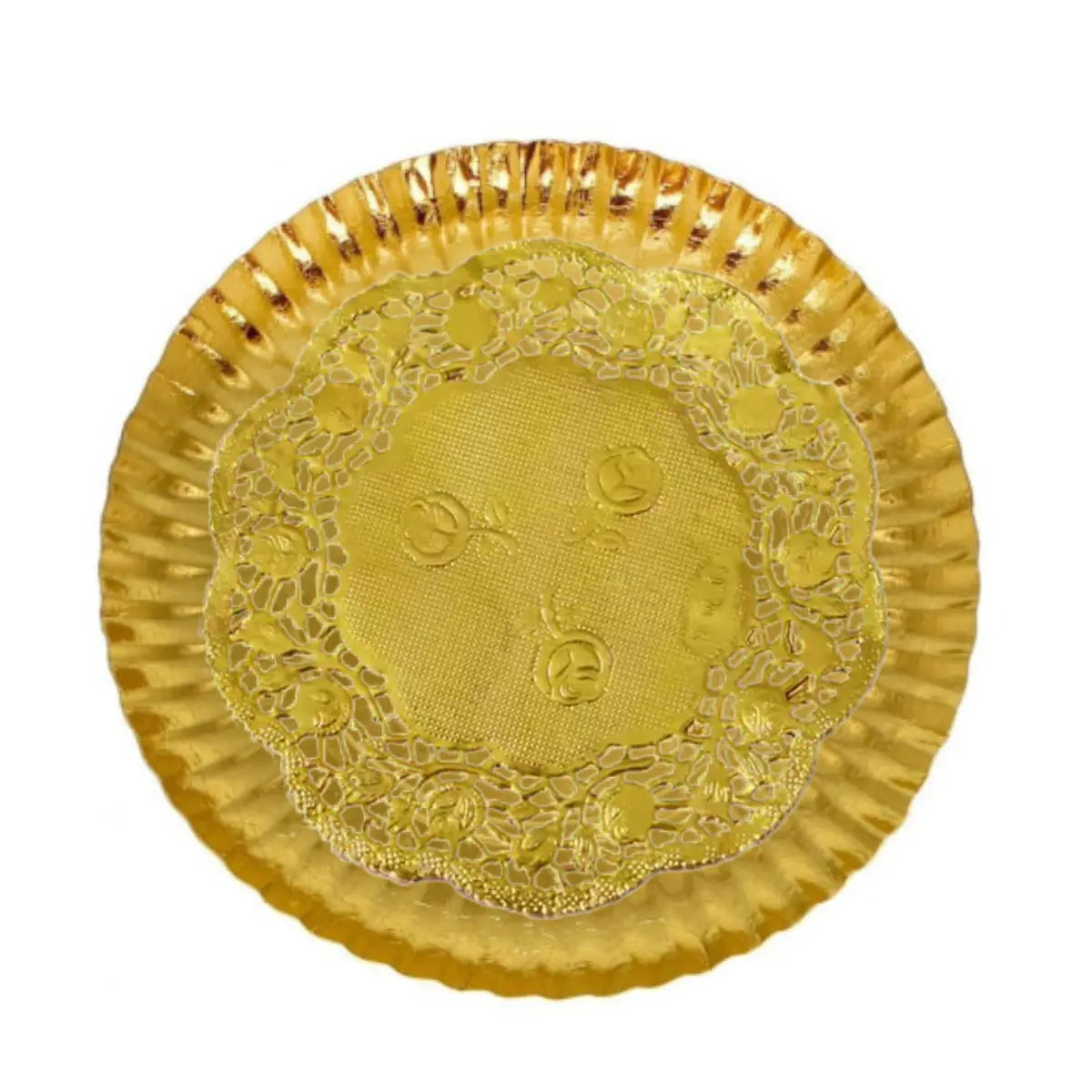 Plateaux ronds dorés en carton avec napperons 33 cm lot de 2