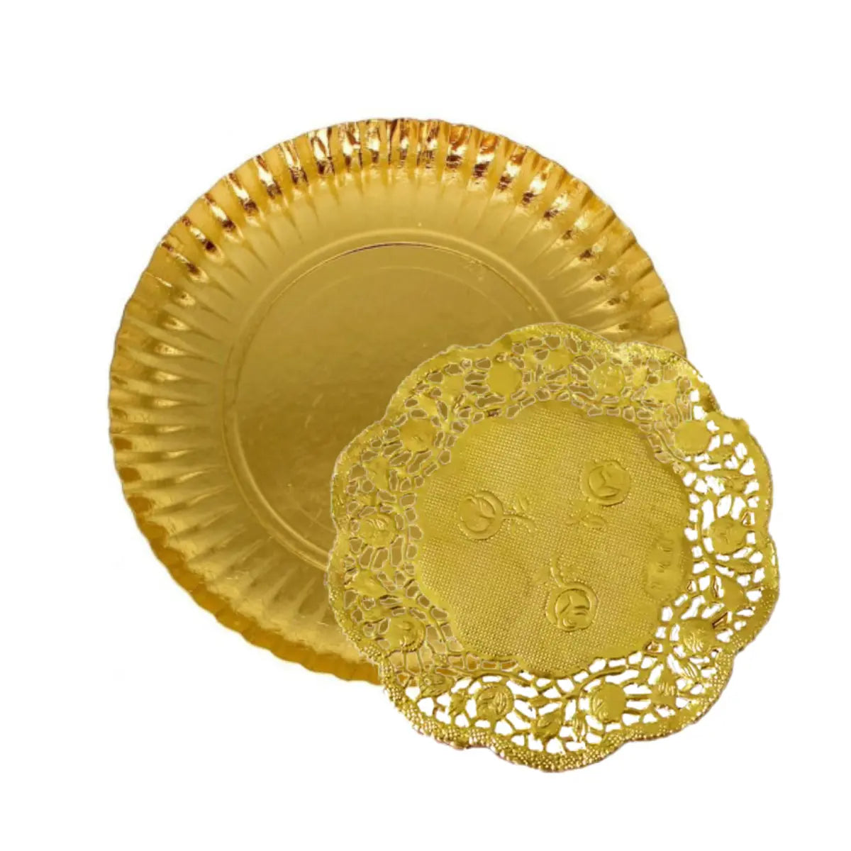 Plateaux ronds dorés en carton avec napperons 33 cm lot de 2