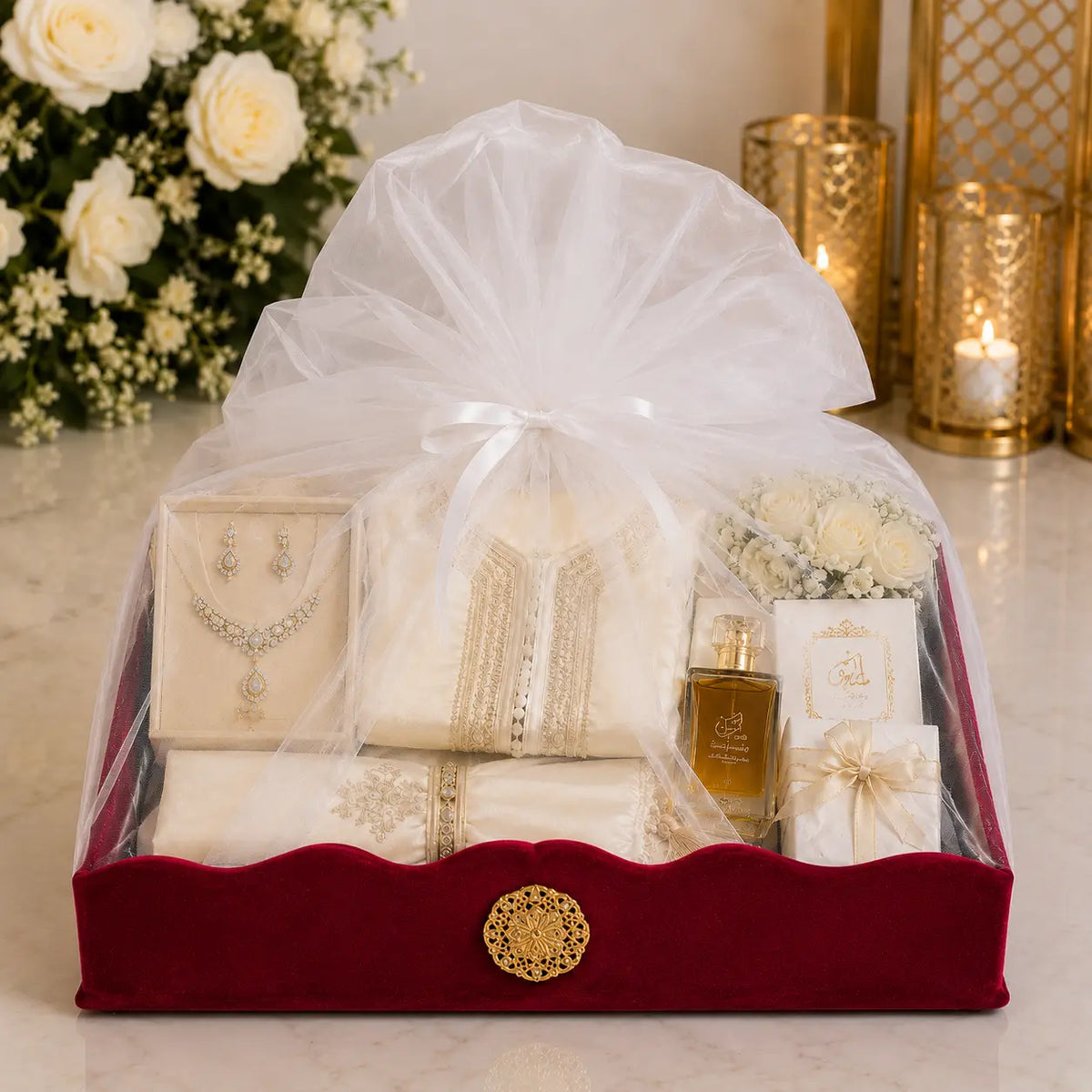 Plateau royal en velours rouge bordeaux avec voile